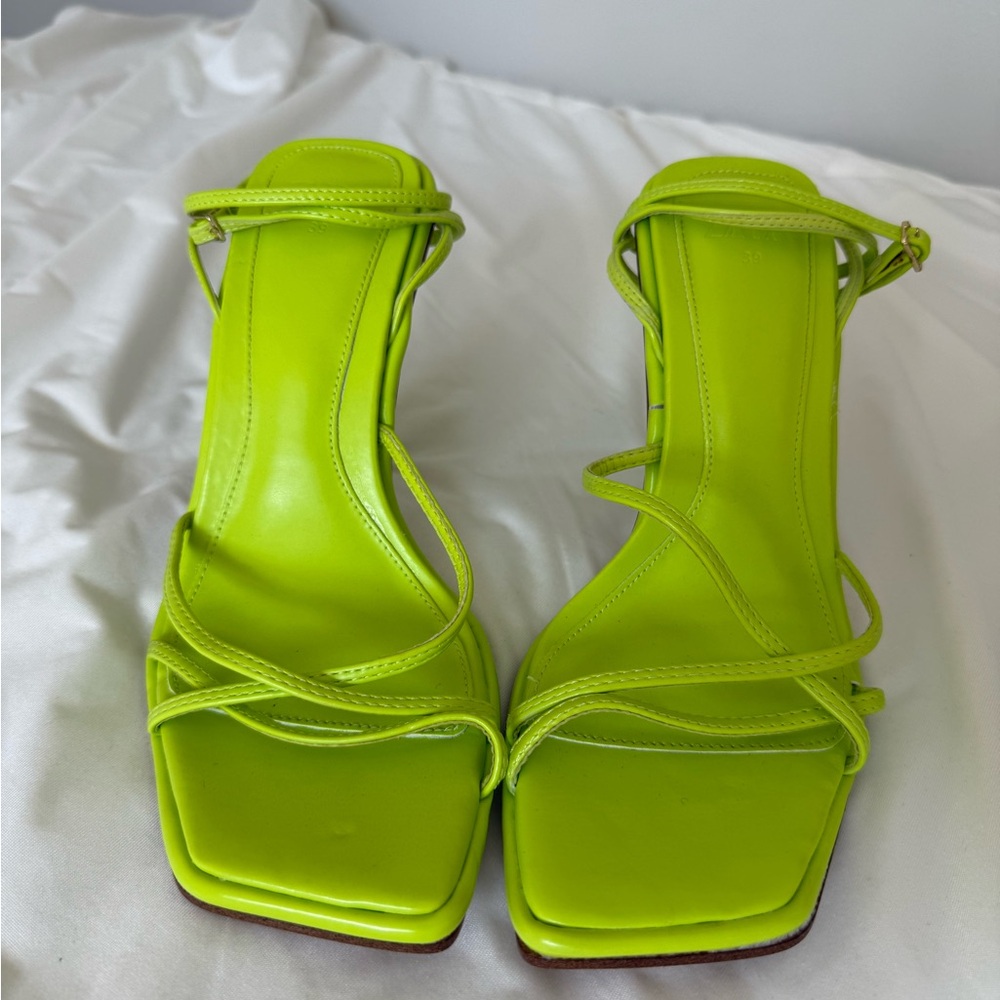 Zara Neon Lime Strappy Square-Toe Heels